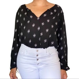 Long sleeve Black blouse with white floral design